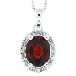 Garnet and Diamond Halo Pendant Necklace 10Kt White Gold 