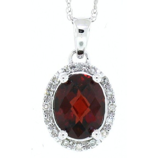 Garnet and Diamond Halo Pendant Necklace 10Kt White Gold 