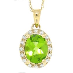 1.83 ct.t.w.Oval Shaped Genuine Peridot and Diamond Halo Pendant Necklace 10Kt Yellow Gold 