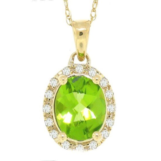 1.83 ct.t.w.Oval Shaped Genuine Peridot and Diamond Halo Pendant Necklace 10Kt Yellow Gold 