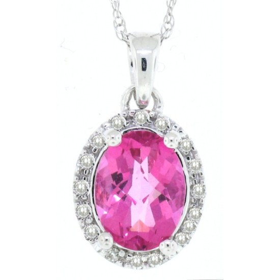 Oval Pink Topaz Diamond Halo Pendant Necklace 10Kt Gold 