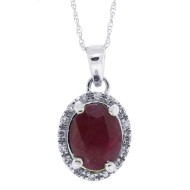 Oval Ruby and Diamond Halo Pendant Necklace 14Kt White Gold