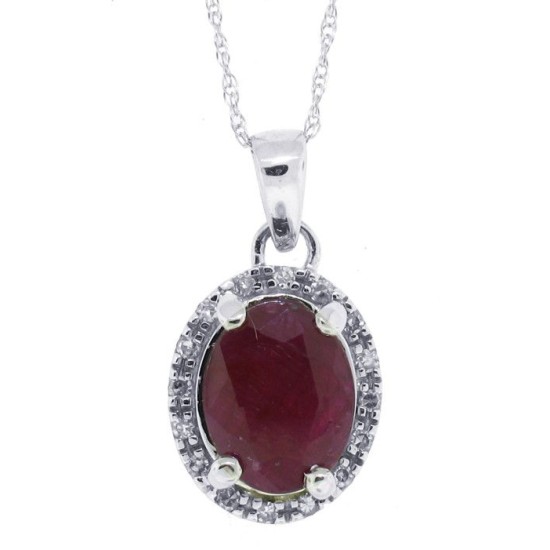 Oval Ruby and Diamond Halo Pendant Necklace 14Kt White Gold