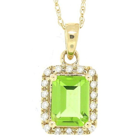 1.36 ct.t.w.Emerald Cut Genuine Peridot and Diamond Halo Pendant Necklace 10Kt Yellow Gold 