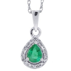Pear Shape Emerald Diamond Halo Pendant Necklace 10Kt Gold 