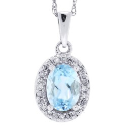 Aquamarine and Diamond Halo Pendant Necklace 14kt White Gold