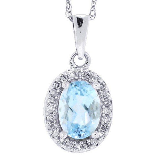 Aquamarine and Diamond Halo Pendant Necklace 14kt White Gold