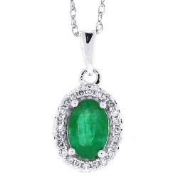 Oval Emerald Diamond Halo Pendant Necklace 14kt White Gold