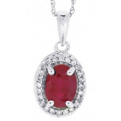 Oval Ruby Diamond Halo Pendant Necklace 14kt White Gold