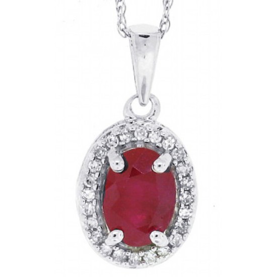 Oval Ruby Diamond Halo Pendant Necklace 14kt White Gold