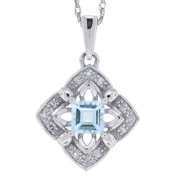 Princess Cut Aquamarine Diamond Pendant Necklace 10Kt Gold 