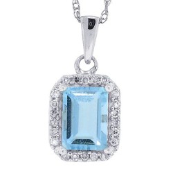 Emerald Cut Aquamarine Diamond Pendant Necklace 10kt Gold