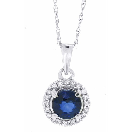 Sapphire and Diamond Halo Pendant Necklace 14kt White Gold