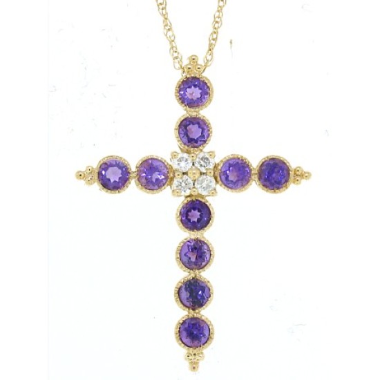 Amethyst Diamond Cross Pendant Necklace 14Kt Yellow Gold 