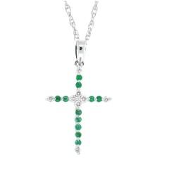 Emerald and Diamond Cross Pendant Necklace 14Kt White Gold