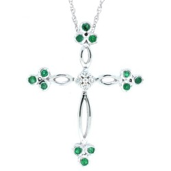 Emerald and Diamond Cross Pendant Necklace 14Kt White Gold