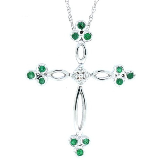 Emerald and Diamond Cross Pendant Necklace 14Kt White Gold