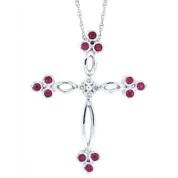 Ruby and Diamond Cross Pendant Necklace 14Kt White Gold