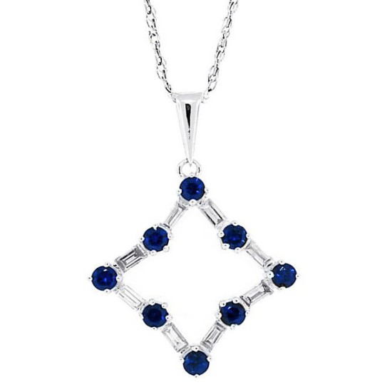 Sapphire and Baguette Diamond Pendant Necklace 14Kt Gold 