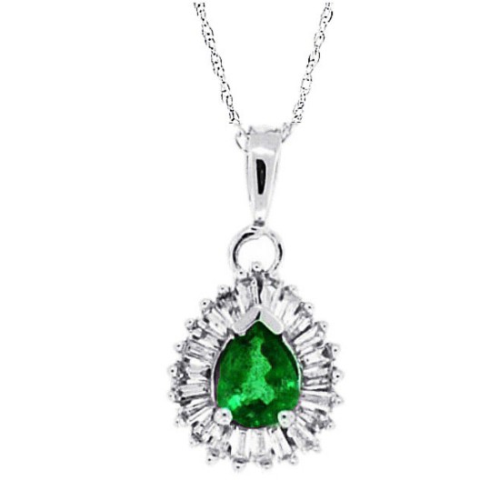 Genuine Emerald Baguette Diamond Pendant Necklace 14Kt Gold 