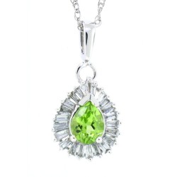 Genuine Peridot Baguette Diamond Pendant Necklace 14Kt Gold 