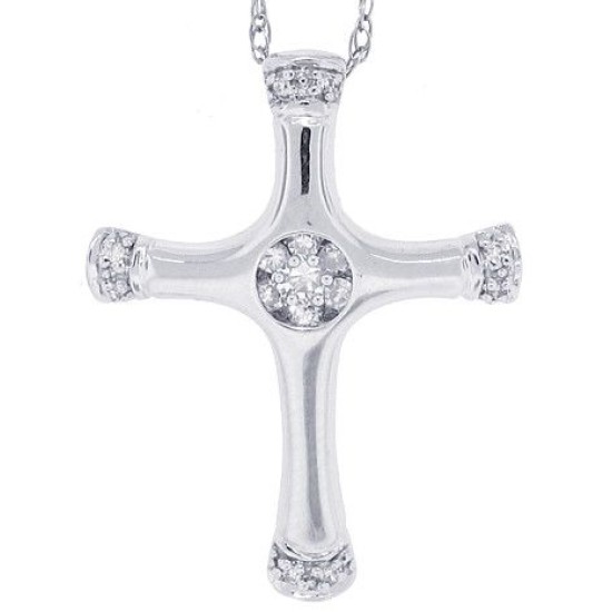 Round Diamond Cross Pendant Necklace 10Kt White Gold 