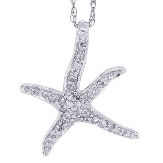 Diamond Star Fish Pendant Necklace 10Kt White Gold 