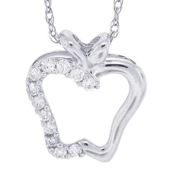 Diamond Apple Pendant Necklace 14Kt White Gold 