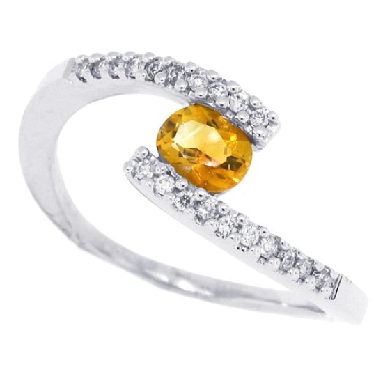 Oval Citrine and Diamond Bypass Ring 14Kt White Gold