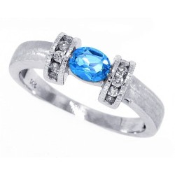 Blue Topaz and Diamond Right Hand Ring 14Kt Gold Oval Shape