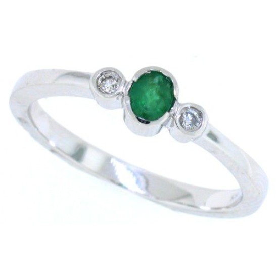 Emerald Diamond Three Stone Ring 14Kt White Gold Bezel Set