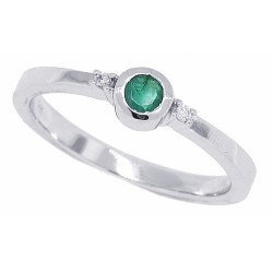 Emerald Diamond Three Stone Ring 14Kt White Gold, Bezel Set