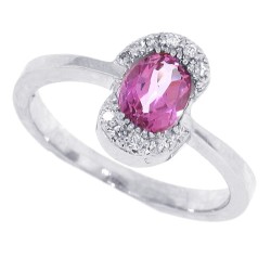 Pink Topaz Diamond Right Hand Ring 14Kt White Gold Oval