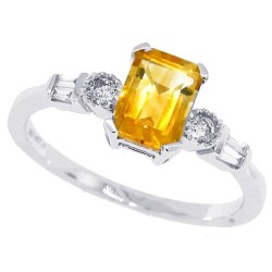 Emerald Cut Citrine and Baguette Diamond Ring 14Kt White Gold