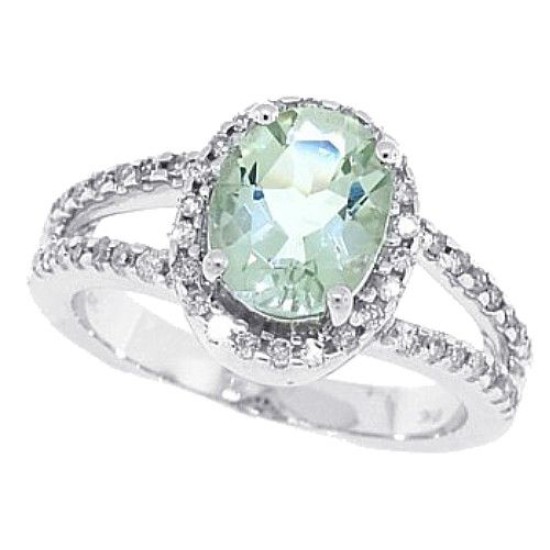 Green Amethyst Diamond Engagement Ring 10Kt White Gold Oval