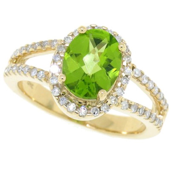 Peridot Diamond Halo Engagement Ring 10Kt Yellow Gold Oval