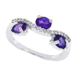 Three Stone Amethyst and Diamond Ring 14Kt White Gold