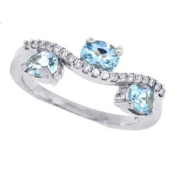 Three Stone Aquamarine and Diamond Ring 14Kt White Gold