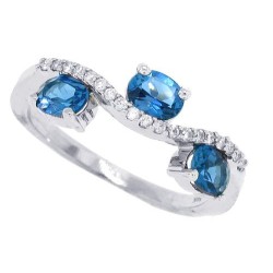 Three Stone Blue Topaz and Diamond Ring 14Kt White Gold