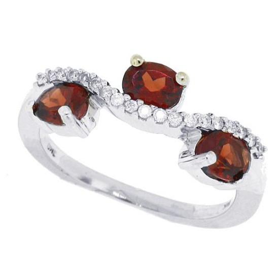 14Kt White Gold Three Stone Garnet Diamond Ring