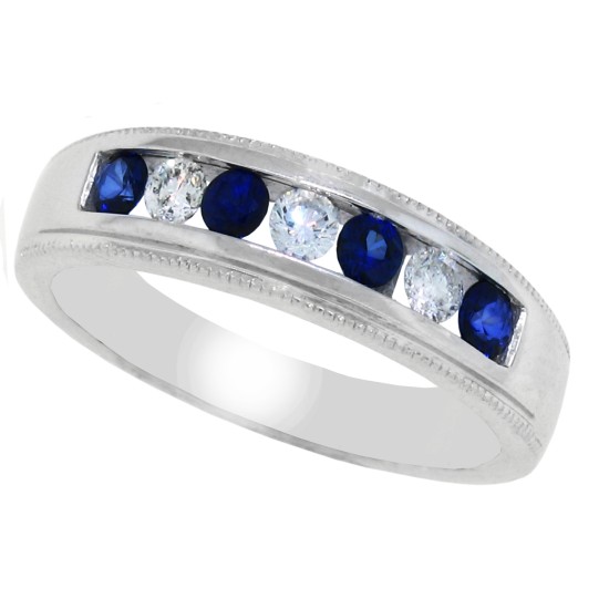 Genuine Sapphire Diamond Wedding Band 14Kt White Gold