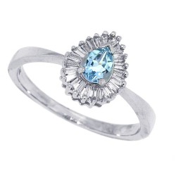 Aquamarine and Baguette Diamond Ring 14Kt White Gold Pear