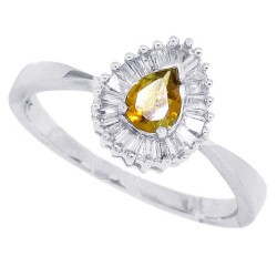 14Kt White Gold Citrine and Baguette Diamond Ring Pear Shaped