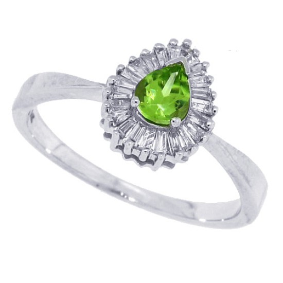 Pear Shaped Peridot Baguette Diamond Ring 14Kt White Gold