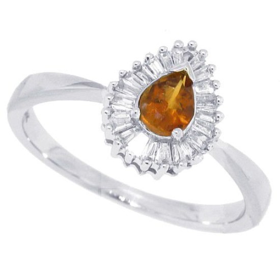 14Kt White Gold Yellow Tourmaline Baguette Diamond Ring Pear