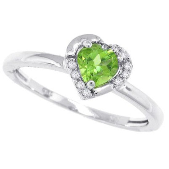 Heart Shaped Genuine Peridot Diamond Ring 10Kt White Gold