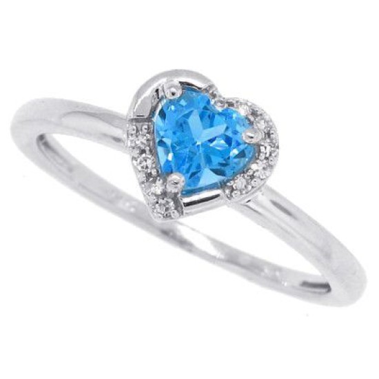 Blue Topaz and Diamond Heart Ring 10Kt White Gold