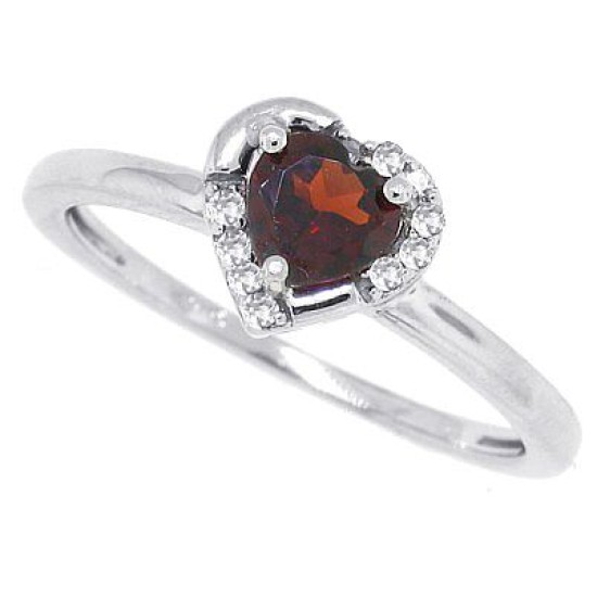 Genuine Garnet and Diamond Heart Ring 10Kt White Gold