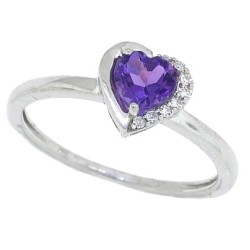 Heart Shaped Natural Amethyst Diamond Ring 10Kt White Gold