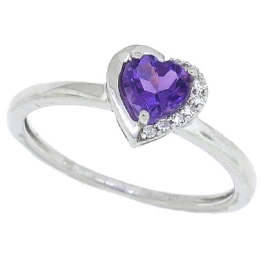 Heart Shaped Natural Amethyst Diamond Ring 10Kt White Gold